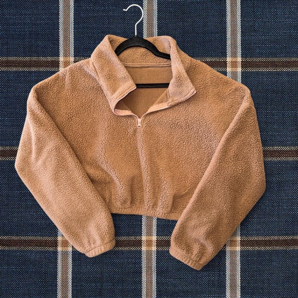 Brown Teddy Fleece Cropped Quarter Zip Pullover | Women's Large